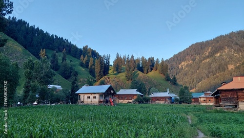 Canvastavla lush green mountain landscape featuring a remote village community and agricultural fields