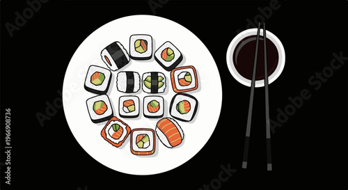 Assortment of sushi rolls with avocado and salmon, served with soy sauce