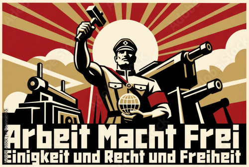 Vintage Soviet and German Propaganda Poster with Strong Worker