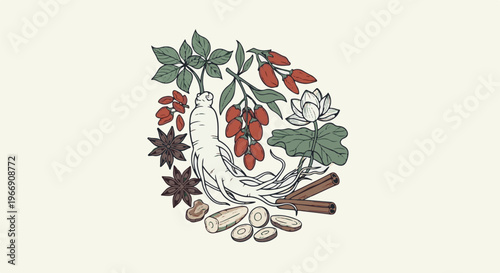 Botanical illustration of medicinal roots, berries, spices, and a lotus flower