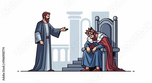 Bearded man addresses a king sitting dejectedly on his throne