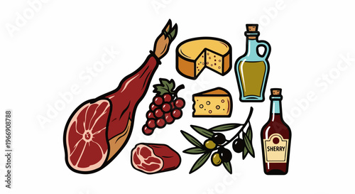 Assortment of Spanish delicacies cured ham, cheese, olives, and wine