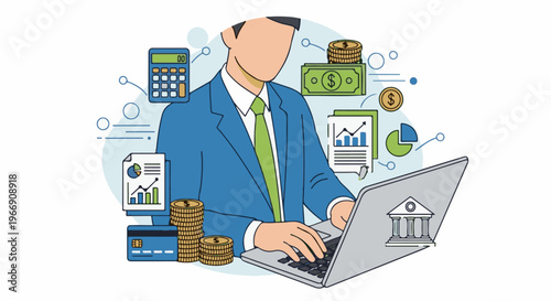 Business person working on finances with laptop, calculator, money, cards, charts