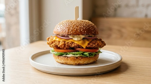 A juicy chicken burger with melted cheese and fresh lettuce sits on a white plate atop a wooden table indoors.