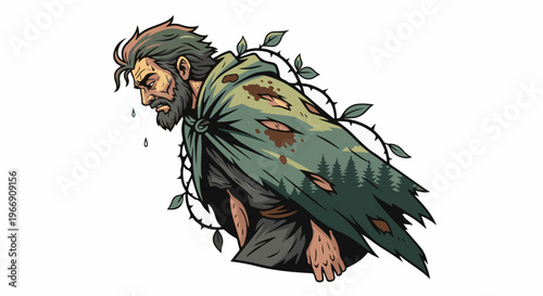 Bearded man with tattered cloak adorned with thorns and forest imagery