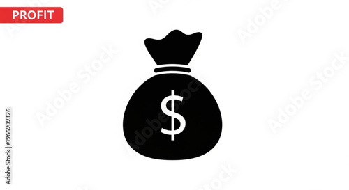 A black money bag icon with a white dollar sign and a red profit label on a white background
