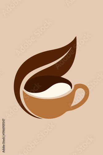 Logo cafetería. Dibujo sencillo con silueta de una taza de café con leche y una hoja de planta, en perspectiva 