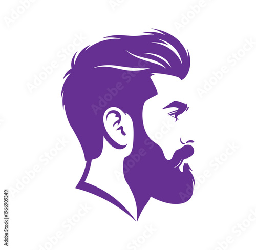 purple silhouette of a man with beard and mustache looking right side profile