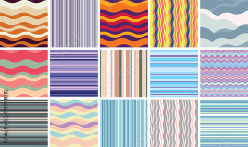 Colorful abstract vector set of striped backgrounds providing ready solutions for packaging, posters, textiles, wallpapers, and online design.