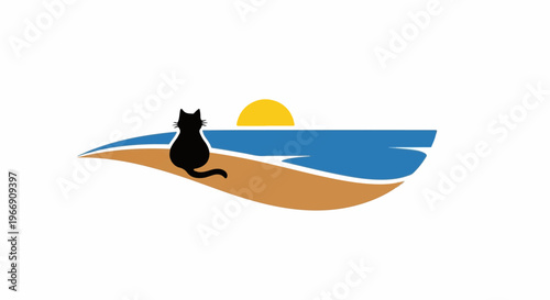 Black cat sits on beach watching yellow sun setting over blue ocean waves
