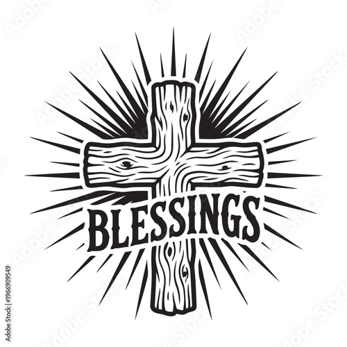 Wooden Christian Cross Illustration with Blessings Text and Sunburst Rays Background