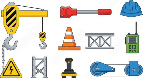 Construction Site Safety Icons Set with Crane, Helmet, Warning Signs, and Tools for Building, Engineering, and Industrial Applications