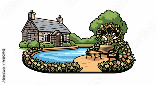 Charming cottage beside a tranquil pond, surrounded by blooming flowers and a bench