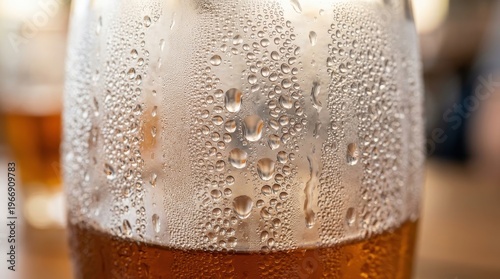 Cold beer glass with water droplets on table in pub