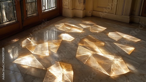 Geometric light patterns dance on a marble floor creating a mesmerizing abstract display