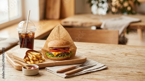 A delicious burger and fries on a wooden table with a soda