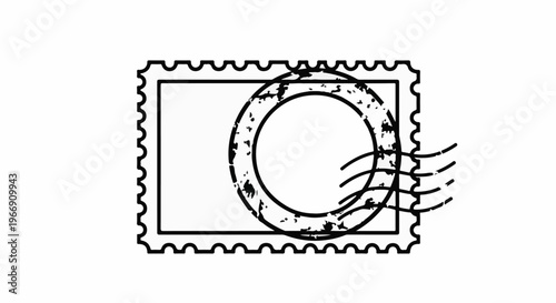 Black and white graphic of a postage stamp with a cancellation mark