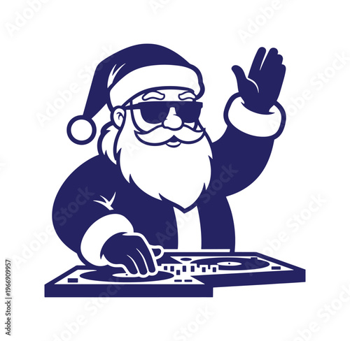 Santa Claus wearing sunglasses and DJing at a party with a turntable and mixer