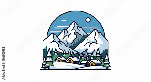 Charming snow-covered village nestled at the base of majestic mountains under a clear moonlit sky