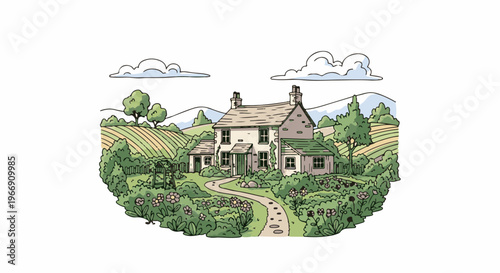 Charming, hand-drawn farmhouse surrounded by lush gardens and rolling fields
