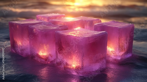 Glowing ice cubes on a reflective surface at sunset creating a magical ambience