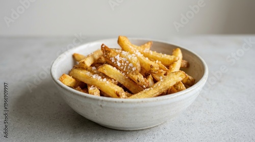 A bowl of delicious fries sprinkled with parmesan on a table.