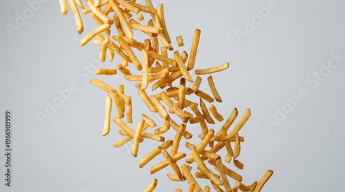 Golden french fries are falling into place on a clean surface
