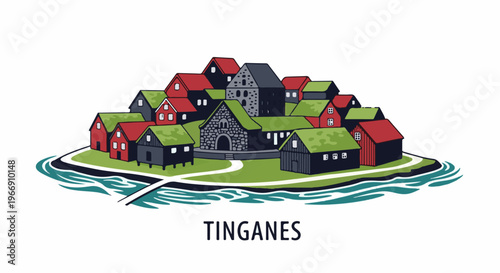 Charming village nestled on a coastal island with grass-roofed houses