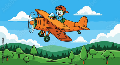 Cheerful boy flies orange biplane over green rolling hills