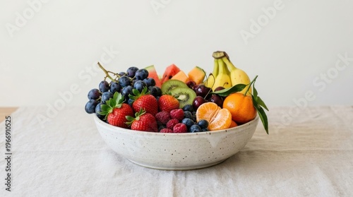 Fresh fruit bowl on a table indoors contains various colorful healthy foods