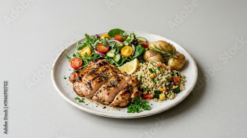 Grilled chicken breast served with salad and potatoes on a plate indoors