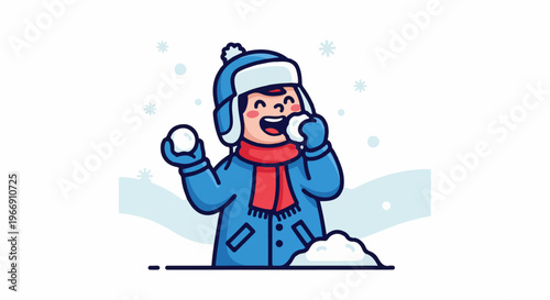 Cheerful child in blue winter coat and hat throws snowballs on a snowy day