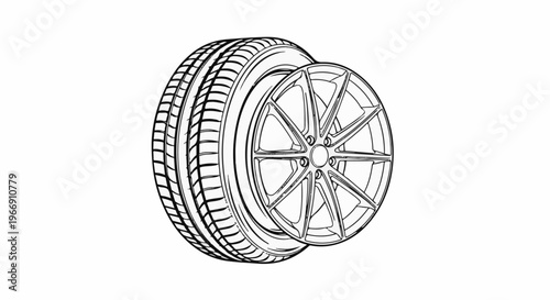 Black and white illustration of a car tire and its rim