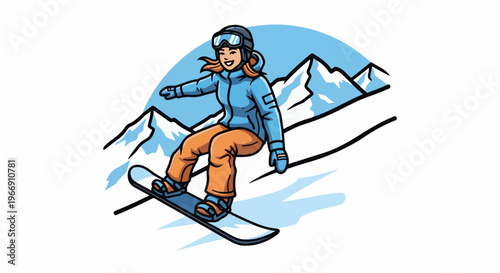 Cartoon snowboarder carving down a snowy mountain slope