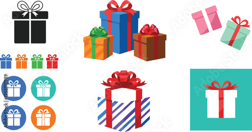 Gift Box Present Icon Set with Ribbon and Bow, Colorful Birthday and Holiday Package Collection for Celebration, Party and Christmas Vector Illustration