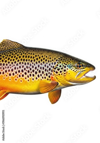 A close-up of a brown trout with distinctive spotted patterns swimming in water