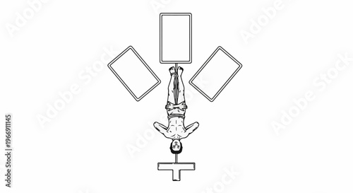 Athlete hangs upside down, wrists bound, surrounded by three blank frames