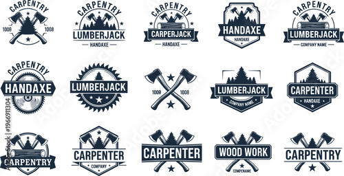Set of Vintage Carpentry and Lumberjack Logo Badges Featuring Crossed Hand Axes Pine Trees Saw Blades and Woodwork Symbols for Vector Design