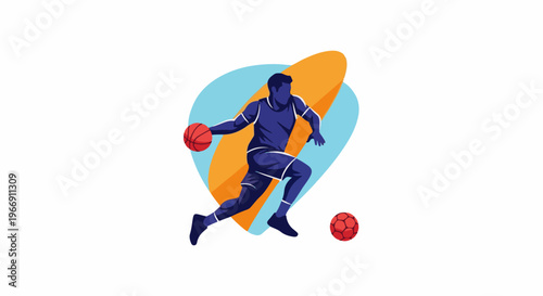 Athletic male figure in blue uniform dribbles a red ball with motion