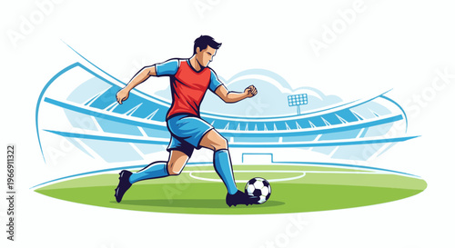 Athletic figure in red and blue uniform plays soccer in a stadium