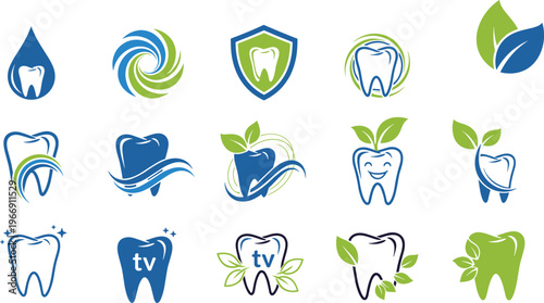 Set of Dental Care Logo Icons Featuring Teeth Combined with Green Leaves and Blue Water Elements for Dentistry Medical Vector Design