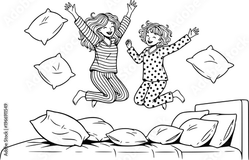 Pajama Party Slumber Sleepover Girls Fun Jumping Bed Pillows Black Vector Silhouette