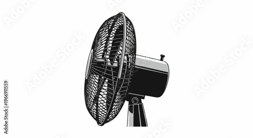 Black and white illustration of a pedestal fan with a mesh guard