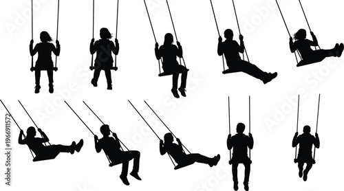 Collection of Black Vector Silhouettes Featuring Children and Adults Enjoying a Playground Swing in Various Dynamic Motion Poses Isolated on a Clean White Background