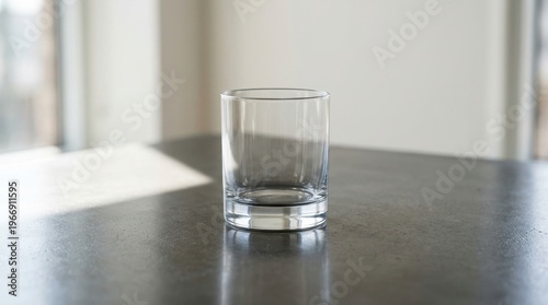 A clear glass sits on a dark table indoors.