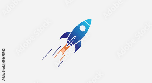 Blue rocket with orange exhaust trails ascending into empty space