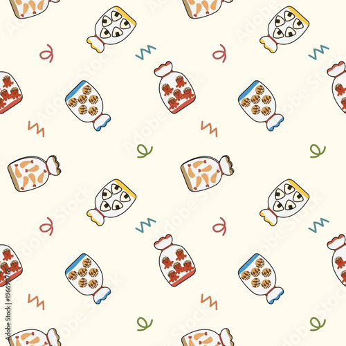 Janpanese food in bag cartoon so cute. On takoyaki onigiri squid tempura doodle background. Pattern seamless vector illustration. 