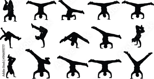 Collection of Black Vector Silhouettes Featuring Male Breakdancers and Hip Hop Dancers Performing Dynamic Handstands and Acrobatic Power Moves Isolated on a White Background