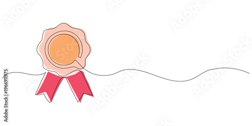 Continuous one line drawing of an award ribbon medal. Premium quality, success achievement, and first prize winner trophy symbol. Vector Illustration.