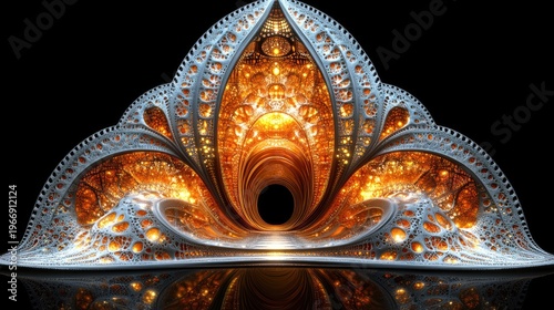 Intricate fractal design with luminous golden glows and a dark central opening creating an